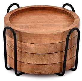 EDHAS Acacia Wood Round Coasters Set of 4 With Iron holder for Drinks, Tabletop Protection for Any Table Type for Bar Kitchen Home Apartment (10.16cm x 10.16cm x 1.27cm)
