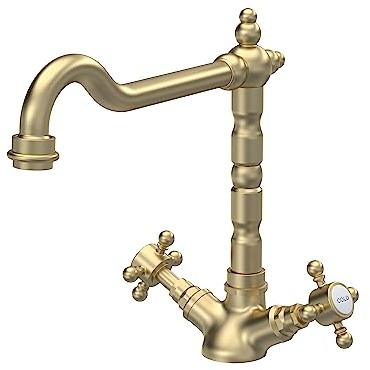 nuie KB805 Kitchen Taps French Classic Mono Mixer Kitchen Tap with Crosshead Handles, 287mm, Brushed Brass