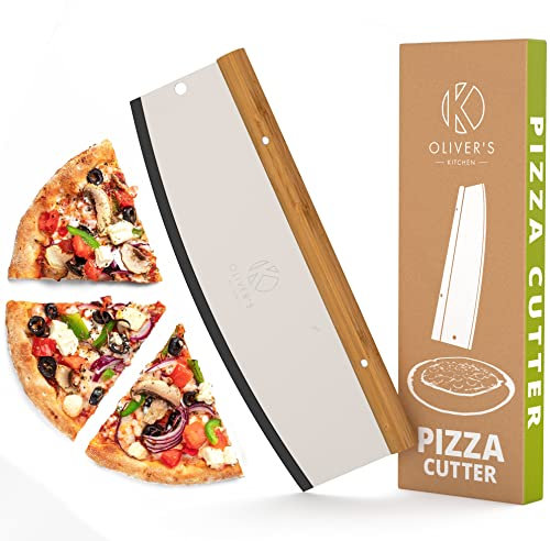 Oliver's Kitchen Pizza Cutter - Pizza Slicing Made Easy (from 12 to 17 inches) - Organic Bamboo Handle with Comfortable Grip - Slice Like A Pro Pizza Chef at Home - Super Large Pizza Rocker