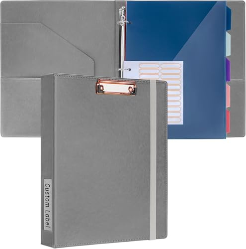 HAUTOCO PU-Ringbuch 3-Ringe, 2,5 cm, Klemmbrett, Briefgröße, flexibel, 5 Trennwände, 10 Taschen, Leder-Organizer, Büro, Schule, Grau