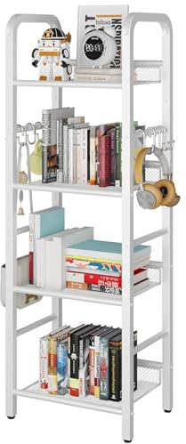 YMYNY Estantería de 4 Niveles, Librería, Biblioteca, Estante de Almacenamiento, con Gancho en S de 8 Piezas, Marco Metálico, Estilo Minimalista, para Sala de Estar, Oficina, Baño, Blanco HBC054W
