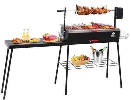 Nice C Portable Charcoal Grill, Rotisserie, Detachable Table, Stainless Steel, Black, Outdoor, Freestanding, Manual Rotisserie