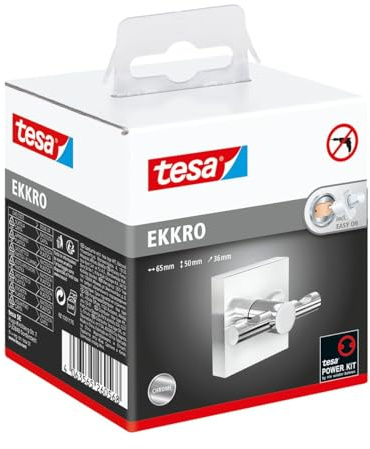 tesa EKKRO Handtuchhaken, verchromter Edelstahl - Bad-Haken zur Wandbefestigung ohne Bohren, inkl. Klebelösung - 63 mm x 50 mm x 50 mm