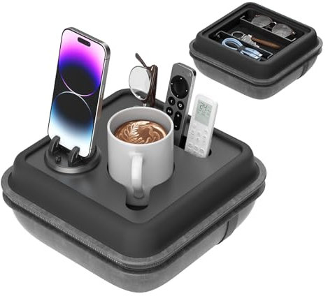 CLESOO Couch Cup Holder Tray - Removable Portable Sofa Drink Holder Organizer with Divider Strap, Soft Pillow Couch Caddy Storage with Rotatable Phone Holder for Snacks Beverage Remote