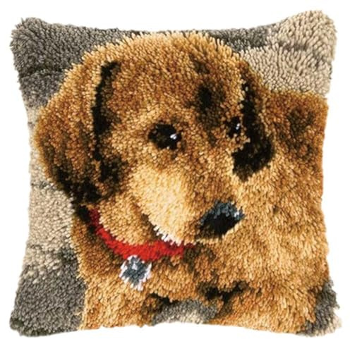 CAIRF Dog Pattern DIY Latch Hook Kits Latch Hook Pillow Case Kits Embroidery Kits Pattern Printed Throw Pillow Case Cushion Cover Latch Hook Cushion Kits, 43 X 43 cm