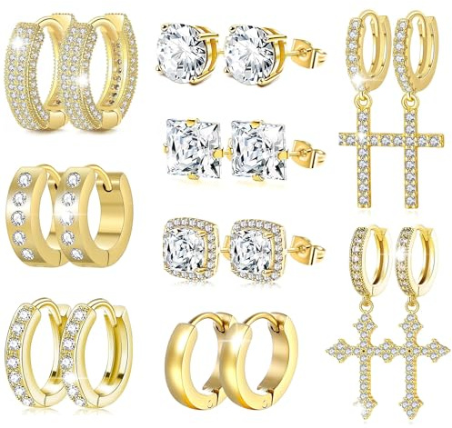 FEYIR 9 Pairs Earrings for Men Stainless Steel Small Hoop Earrings Hypoallergenic CZ Cross Dangle Earrings Cubic Zirconia Stud Earrings Huggie Men's Earrings Set