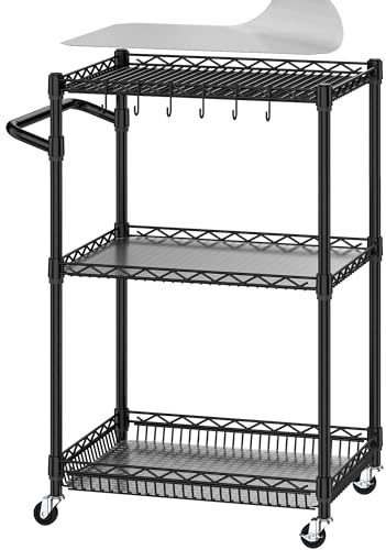 Folews 3 Tier Rolling Cart with Wheels, Metal Utility Cart for Storage Heavy Duty Wire Trolley for Kitchen Serving Grocery Food with 3 Shelf Liners 6 Hooks, 18 x 23.8 x 37 Inches, Black