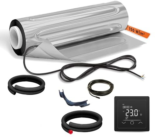 EH Expert AluPROFI -150 W/m²- 2,5 m² -Heizmatten-Set für schwimmende Bodenbeläge – Elektrische Fußbodenheizung für Vinyl, Laminat, Parkett – mit Touch-Thermostat und Installationsmaterial (Schwarz)