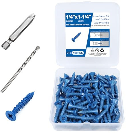 100PCS Concrete Screws Assortment Kit, 1/4 x1-1/4 Masonry Screws with Drill Bit and Driver Bit, Flat Head Cement Screws and Anchor, Diamond Point, Self Tapping Concrete Brick or Stucco, Blue Coated