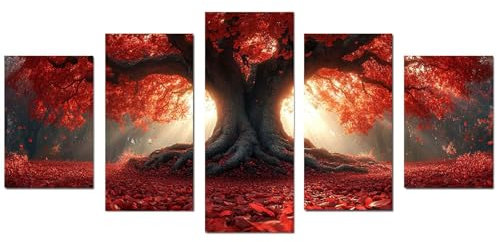 JOSUE Oro, rosso 5 Pcs Quadri Paesaggio Su Tela Foresta, Albero astratto della vita Quadri Xxl Arredo Soggiorno Salotto Cucina Ufficio Decorazioni-80x150cm Non incorniciato