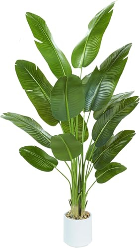TXABL Artificial Bird of Paradise Plants, 7FT Fake Tropical Banana Plant with White Pot, Large Artificial Tree with 15 Leaves, Tall Faux Plants for Indoor Outdoor Home Room Office Garden Balcony Decor