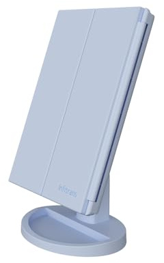 Infitrans Specchio con Luce,Specchi da Tavolo con Touch Screen Tri-Fold, ingrandimento 1x / 2X / 3X e Caricatore USB o Wireless, Luce LED Regolabile a 180 ° per Il banco da Viaggio (Blu)