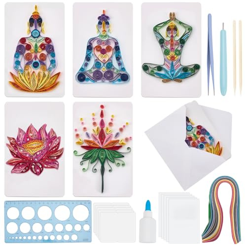 WEBEEDY 20 Set Papier Quilling Kit 5 Stile Lotus Yoga Thema Quilling Grußkarten Bastelset Mit Anleitung Für Erwachsene Anfänger Yoga Meditations Enthusiasten Geschenk