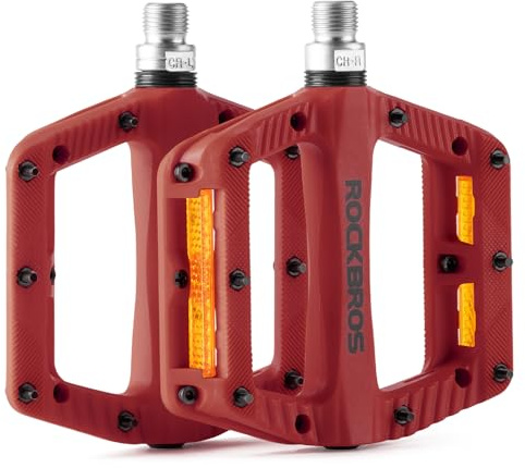 ROCKBROS Pedali MTB, Pedali Flat Antiscivolo, Strisce Riflettenti, Nylon Leggero, Superficie Larga, Adatti per Bici da Strada, E-Bike, Gravel, Accessori Bici, Rosso