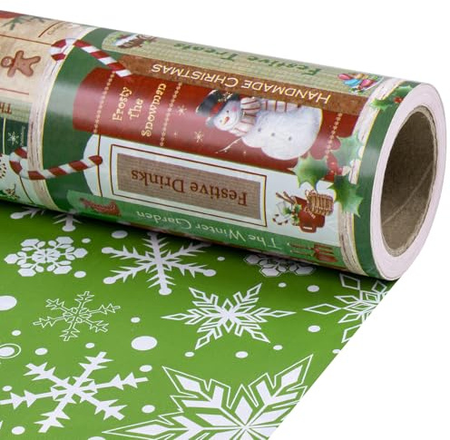 RUSPEPA Rouleau De Papier Cadeau Réversible Pour Noël,Motif Vintage De Bibliothèque De Noël, Papier Cadeau Vert À Motif De Flocons De Neige Blancs Pour Les Amateurs De Livres,43,2 Cm X 10 M