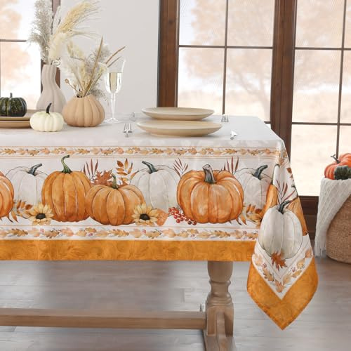Jacquard Herbst Mitteldecke 80 x 80 cm abwaschbar Quadratisch Tischdecke | in Orange mit Kürbis-Motiv Wasserabweisend Autumn Tablecloth für Kaffeetisch und edle Herbstdeko,als Geschenke,Thanksgiving