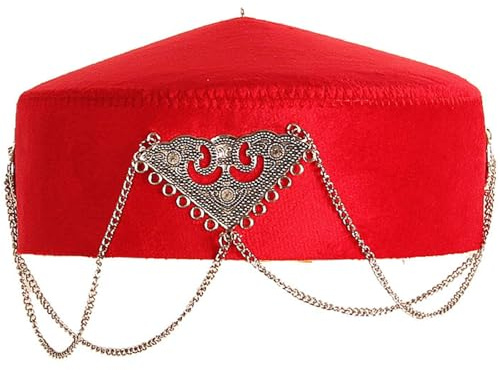 XANHOY Traditioneller kasachischer Hut mit eleganten Fransen, für kulturelle Veranstaltungen und den Alltag, atmungsaktives Polyester, ethnische Kopfbedeckung, Rot