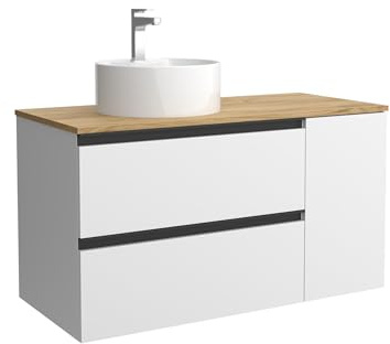 Cygnus Bath Mueble de Baño BEQUIA Plus Metal 100cm Blanco Mate | Lavabo sobre encimera Porcelana Lado Reversible 1P