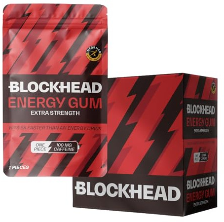 BLOCKHEAD Energy Gum Extra Strength – Mint (84 Pieces) | 100mg Fast-Release Caffeine + Niacin, B5, B6, B12 | Sugar & Calorie Free | Pre-Workout & Endurance | Vegan | Informed-Sport Certified