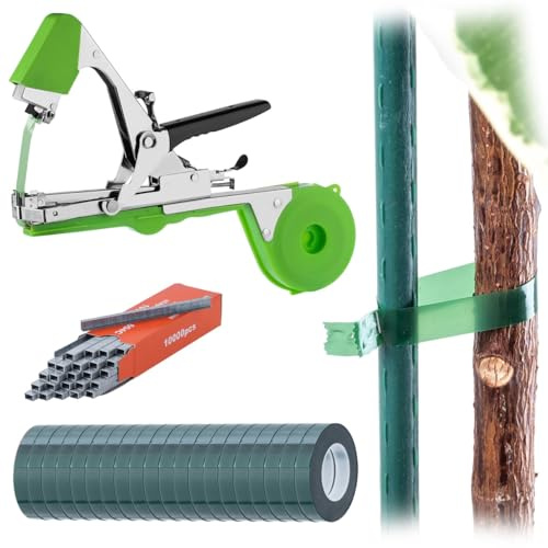 KADAX Bindezange Set für Pflanzen, inkl. 20 Rollen Bindeband & 10000 Heftklammern, Ideal zum schnellen Anbinden von Tomaten, Gurken & Kletterpflanzen (Grün)