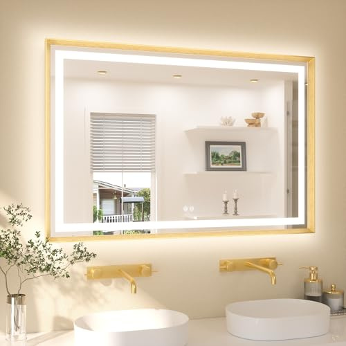 TETOTE Badspiegel mit Beleuchtung Gold Metallrahmen 120x80cm, Badezimmerspiegel Beleuchtet Beschlagfrei Wandspiegel Led Bad Spiegel mit Touch-Schalter, 3 Lichtfarben Dimmbar Speicherfunktion
