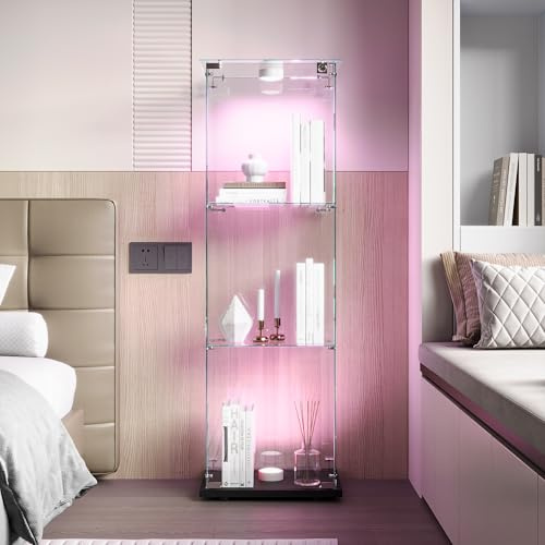 Vitrine aus Glas mit LED, Vitrine aus Glas mit 1 Türen und 3 Regalen und Schloss Vitrine für Sammler Vitrine Wohnzimmer Modern für Bar, Einkaufszentren (Schwarz, Berührungslicht)
