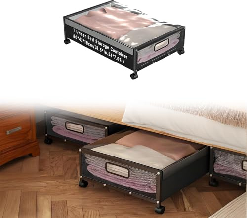 aichilra Under Bed Storage Container 1 Pezzo Contenitori Sottoletto con Ruote, Armadio Salvaspazio con Coperchio Trasparente- Contenitore Sottoletto con Ruote in Metallo per Vestiti(80x42x18 cm, Nero)