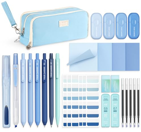 Four Candies Blue School Supplies, Gel Pens with Black Ink, Correction Tapes,Pastel Highlighters, Mechanical Pencils, Sticky Notes, Index Post for Bible Study Stationary College Essentials