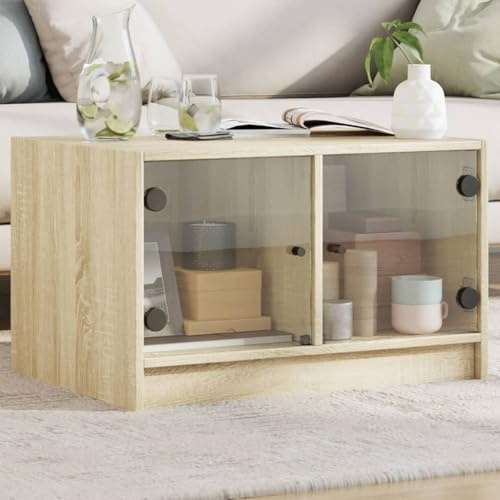 HaoChrymec Mesa de Centro con Puertas de Cristal, Madera Roble Sonoma, Mesa Auxiliar Sofá con Almacenamiento, Coffee Table Moderna para Salón, Soporte 80 kg, 68x50x42 cm