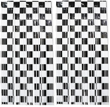 2pcs Racing Car Birthday Party Streamers, Plastic Black & White Racing Checkered Fringe Backdrop Curtain for Race Themed Party Decor Photo Backdrop Motorsports Events Decoration