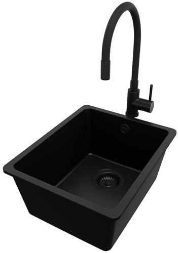 PRIMAGRAN Fregadero bajo Encimera Todo Negro 36x44cm, Granito 1 Seno + Grifo 40x38cm + Sifón, Cocina al mueble 40cm - Venecia Easy S036