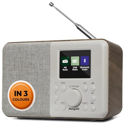 MangoKit MD3 DAB Radio with Bluetooth, 2.4 Colour Display-Portable Digital Radio with DAB/DAB+/FM, 40 Presets, Dual Alarm, Snooze & Sleep, Headphone Jack, USB-C Mains or 12hr AA Battery Power-Walnut