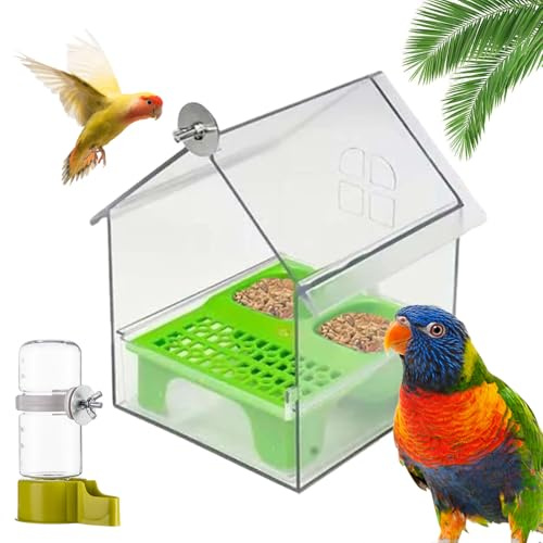 Pull-Out External Budgie Water Dispenser with Pet Bird Cages, No Mess Budgies Feeders for Cages, Bird Automatic Water Feeder Holder with Two Food Troughs Parrot Feeder Cage Food Dispenser
