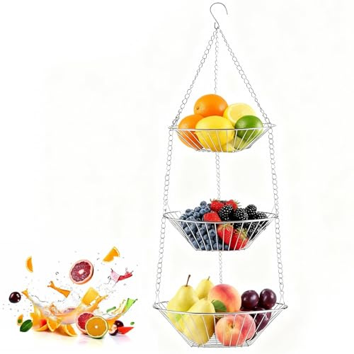 Zyiphor Frutero Colgante de Cocina 3 Pisos - Cesta de Metal Ajustable, Cesta de Fruta Colgante para Frutas y Verduras, 73x28 cm (Plateado)