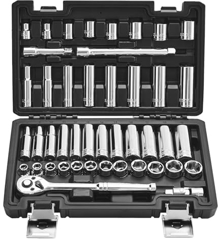 VEVOR Juego de 44 Vasos y Trinquete de 9,5 mm, SAE y Métricos, Profundos y Poco Profundos, con Estuche de Almacenamiento de Accesorios, Acero de Aleación CR-V, para Reparación de Automóviles