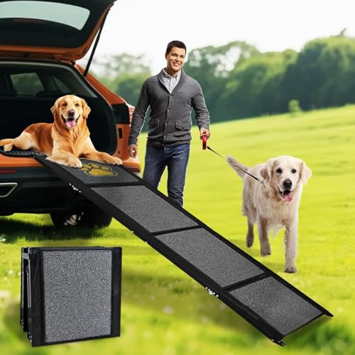 Rampa per cani da auto, pieghevole, 170 x 44 cm, colore grigio, con superficie antiscivolo, fino a 70 kg, leggera in alluminio, per auto, camion, SUV e scale all'aperto