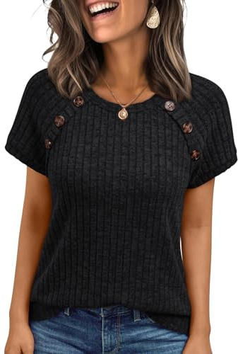 AUTOMET Women's Short Sleeve Decorative Buttons Shirts Black M | Business Casual Tops,Breathable Dressy Sweaters & Trendy Spring Blouses for Work, Office & Professional Wear