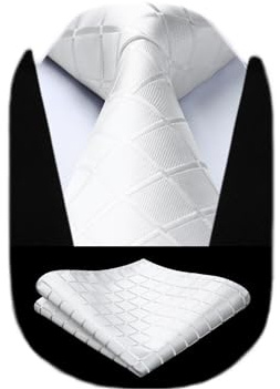 HISDERN Herren Krawatte Weiß Formelle Klassische Karierte Krawatten mit Einstecktuch Hochzeit Herrenkrawatte und Taschentuch Set für Männer