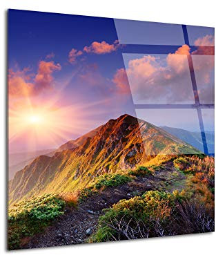 DECLINA, Cadre photo verre acrylique, impression sur plexi, tableau de paysages, Tableau verre acrylique LEVER DE SOLEIL SUR LES SOMMETS, 80x80 cm