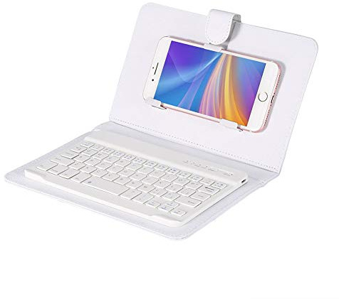 Annadue Inglés Teclado inalámbrico Bluetooth, Funda de Cuero con Teclado magnético extraíble con Soporte de Manos Libres para Android, para para iOS (para teléfonos de 4.5 -6.8)(Blanco)