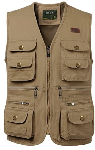 KTWOLEN Herren Angelweste Safari Weste Outdoor Jagdweste Fotografie Arbeitsweste Hundesport Weste mit Multi Taschen, Khaki, M