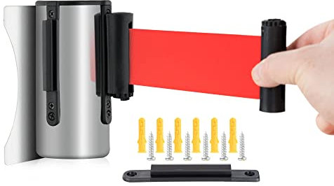 Stagecaptain PLSW-300 SR Système De Guidage De Personnes Boîtier De Sangle Argent - Bande Rétractable Pour Montage Mural - Sangle Rouge De 3m De Longueur - Pour Expositions, Hôtels, Cinémas, Etc.