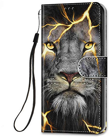 HopMore für Xiaomi Redmi Note 10 Pro/Note 10 Pro Max Leder Hülle, Stoßfest Handyhülle Klapphüllen mit Tasche Klappbar Flip Case Motiv Schutzhülle Lederhülle Ledertasche mit Silikon Cover - Löwe
