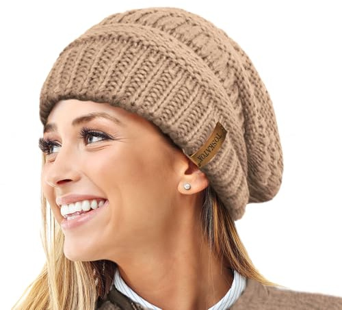 TOSKATOK Dam varm slappstickad vintermössa mössa med supermjuk velour termiskt foder skidmössa, Camel, en storlek