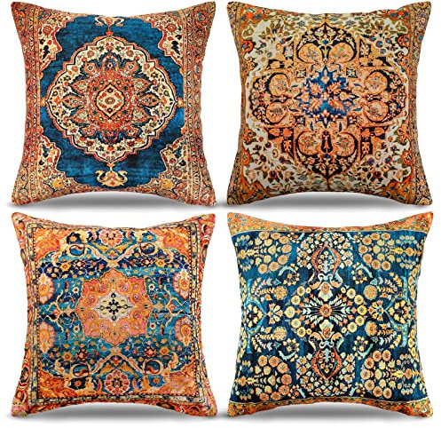 DecorMommt Teppich Muster Kissenbezüge Vintage Blau Kissen 45x45Cm 4er Set Stammes-Abstraktes Orientalisch Kissenhüllen Dekorative Kissen Für Sofa Antiquität Böhmen Dekokissen Zierkissen