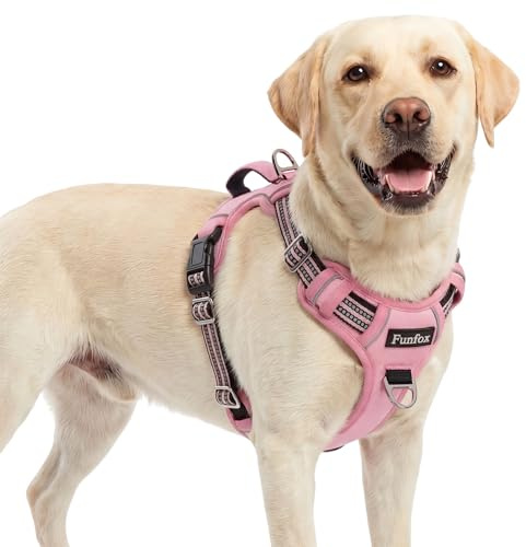 Funfox Hundegeschirr Mittelgroße Hunde [L] - Verstellbares Anti-Zug Brustgeschirr mit Griff & Reflektorstreifen, Atmungsaktives No Pull Hundegeschirr für Grosse/Kleine Hunde Outdoor Rosa