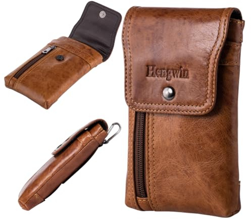 Hengwin Belt Pouch Holder, Genuine Leather Phone Holster for Samsung S24 S23 S22 Ultra S24+ S23+， iPhone 16 Plus 16 15 14 13 Pro Max Cellphone Case Waist Carrier, Travel Money Card Multiple Pockets
