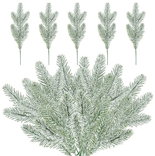 30 Stück Schnee gefrostete Tannenzweige, verschneite Weihnachtsbaumspieße, künstliche Tannenzweige, Stechpalmen-Stiele für DIY, Handwerk, Kranz, Dekoration (24,5 cm)