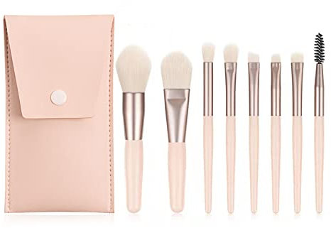 WitBicg Pinceaux Maquillages Yeux, Set de 8 Pièces Professionnel Incluant Pinceaux Fond de Teint, Nettoyant, Blush et Pinceau Fond de Teint Fluide (Rose Clair + Étui en Cuir)