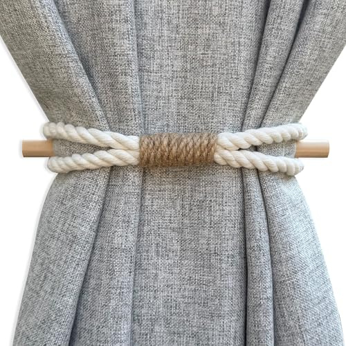 Curtain Holdbacks Boho Tiebacks for Drapes, Farmhouse Jute Rope Cotton Tie Backs with Rustic Wood Club, Curtain Accessories Holders for Indoor Outdoor Use, Set of 4